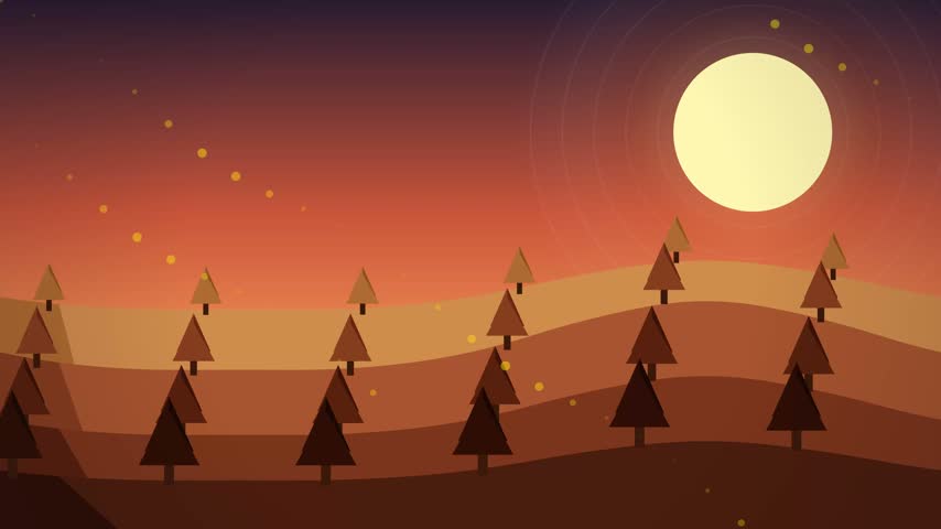 Stylized vector landscape with rolling hills, pine trees, and glowing sun at sunset.