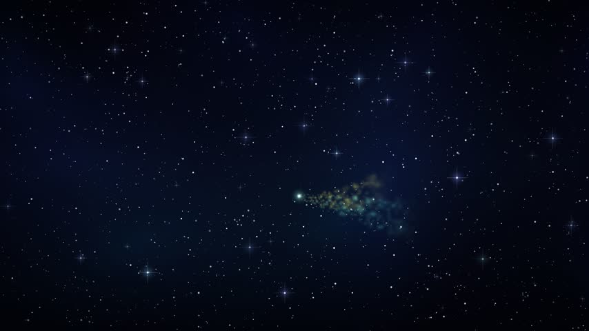 A celestial nebula with a luminous trail drifts through a starry expanse.