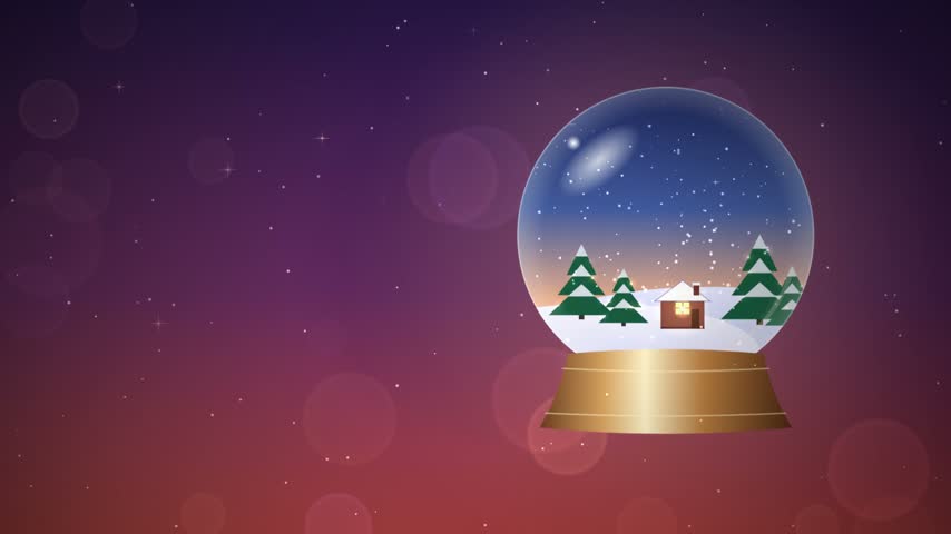 A glass snow globe with a cozy winter cabin and pine trees sits against a magical glowing background. Christmas background.