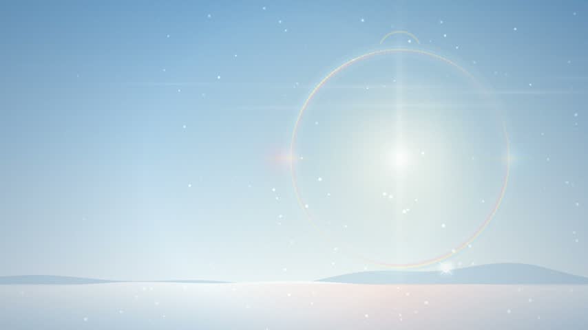 A glowing sun with optical lens flare and falling snow particles over a minimalist snowy landscape. representing winter.