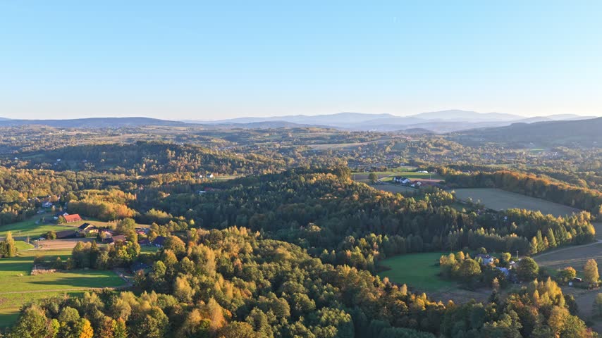 Aerial View Of Polish Countryside With Forests, Fields And Scattered Rural Houses