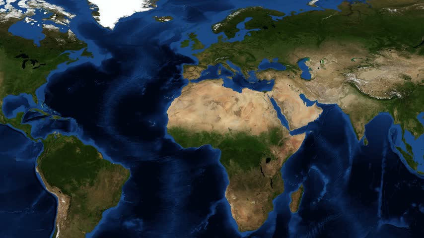 Zoom from a world satellite view through two cloud layers to Netherlands. A yellow border and tint highlight the country as the surroundings dim, with no text.