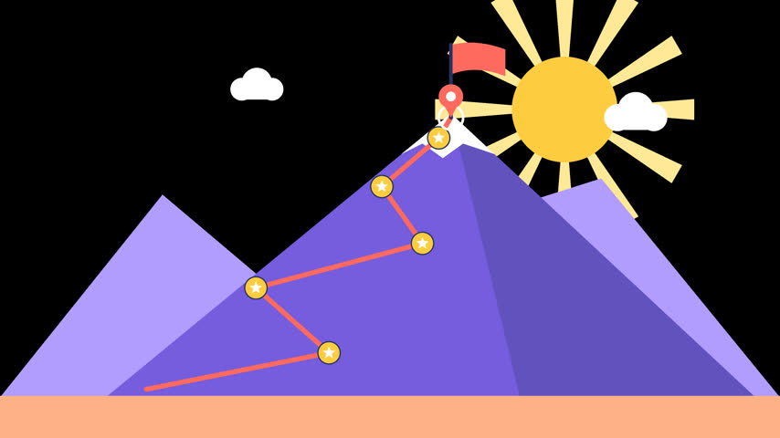 Map pin climbing a zigzag path up a mountain, lighting milestone stars until a flag waves at the summit, goal achievement journey with alpha channel.