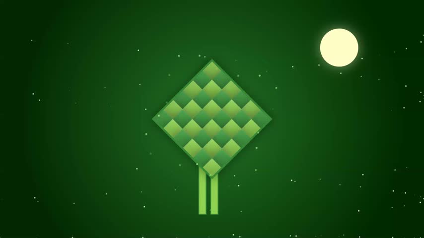 A clean minimalist animation featuring a traditional ketupat icon floating against a dark green textured background with a glowing moon symbol.