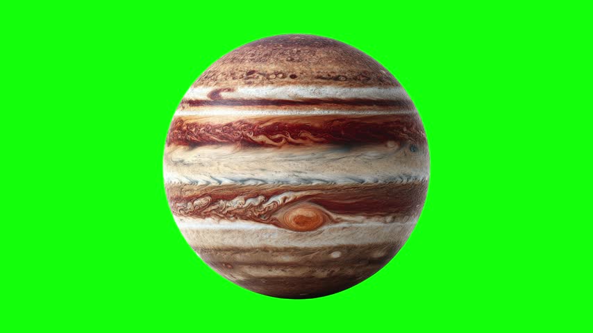 Realistic Gas Giant Planet Jupiter Rotating with Great Red Spot Isolated on Green Screen Background