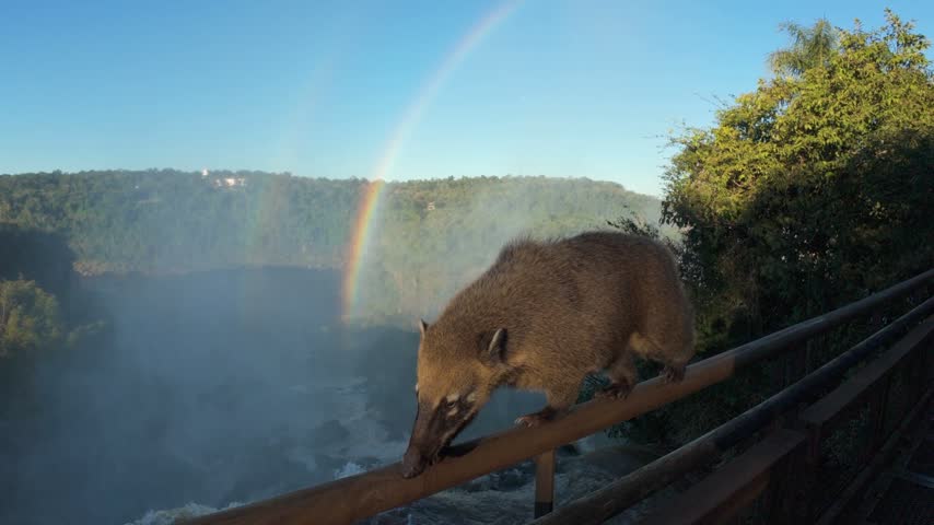 Coati Walking On A Railing With A Rainbow Above Iguazu Falls Argentina