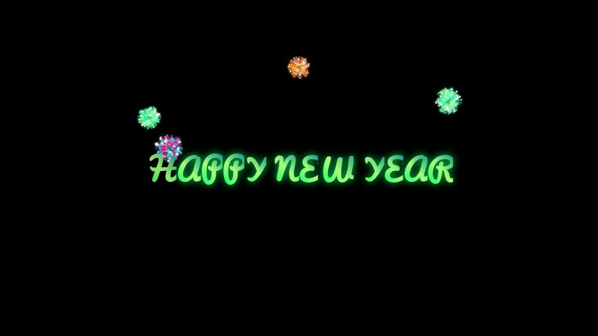 Happy New Year fireworks celebration features bright, multicolored pyrotechnic bursts and falling sparks against a deep black background, creating a festive atmosphere for holiday greetings.
