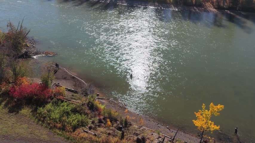 People stand in shallow river water beside a gravel bank with colorful trees, shrubs and driftwood, while sunlight glitters across the rippled surface.