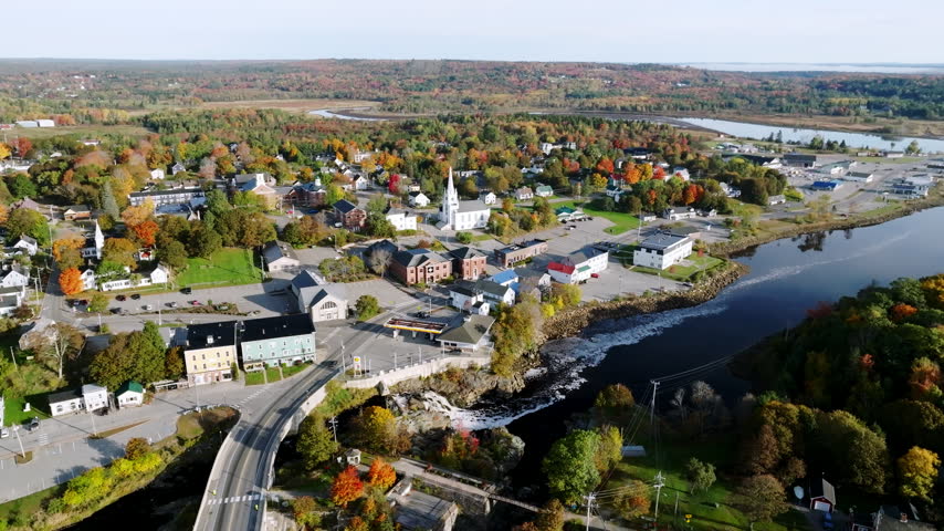 Bad Little Falls below the Route 1 bridge in downtown Machias, Maine in fall color
