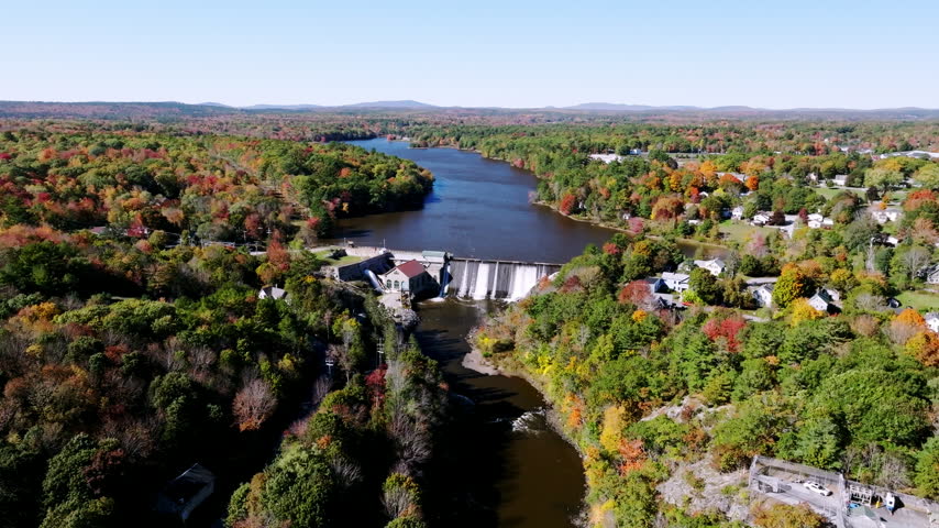 Union River dam and brick powerhouse at Leonard Lake in Ellsworth, Maine