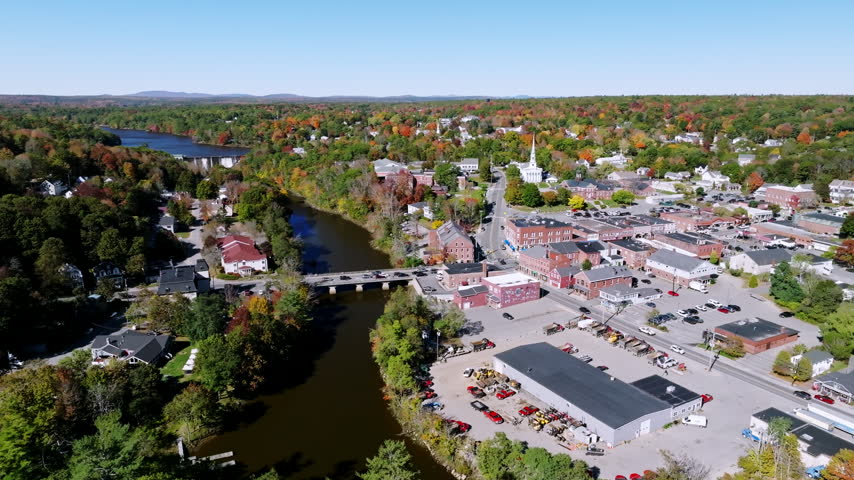 Union River bridge leads into brick Main Street in downtown Ellsworth, Maine