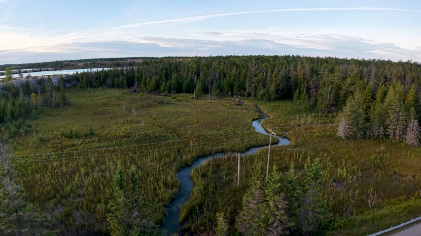 Aerial landscape shows a narrow creek winding through open marsh toward a forest and distant Lake Huron near Hessel Michigan