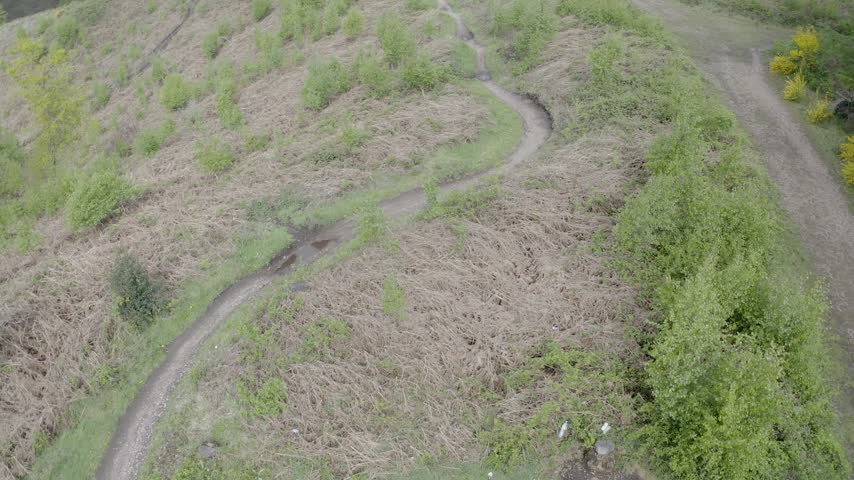 Aerial view of a winding trail through spring woodland and hillside vegetation