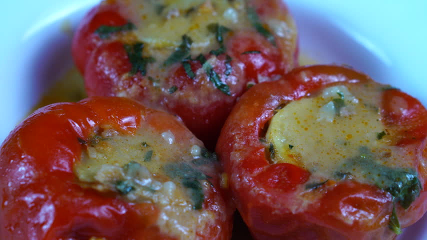 Stuffed Peppers in Plate, Traditional Dish Close Up