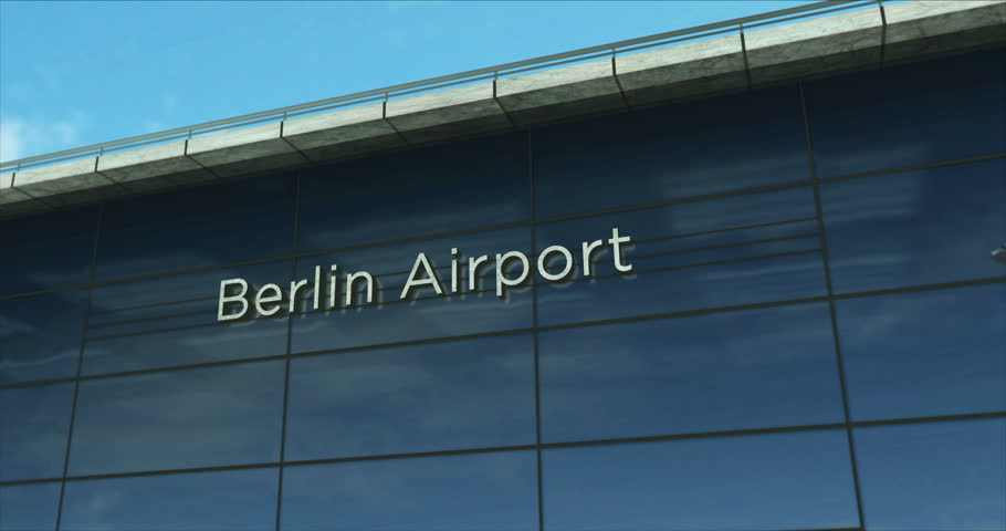 Berlin airplane landing. Jet plane airliner travel to Germany and terminal airport arrival.