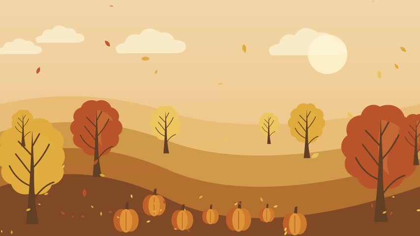 Autumn landscape featuring rolling hills with colorful trees and falling leaves under a bright sun shining softly upon ripe pumpkins in a peaceful countryside setting