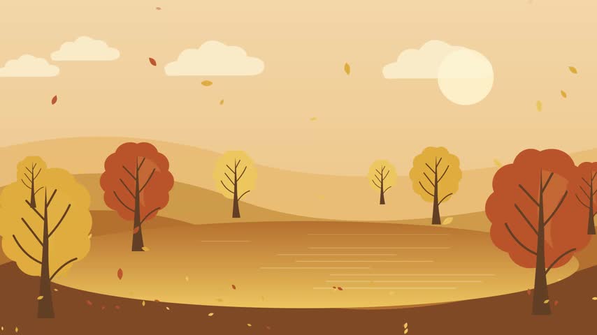Vibrant autumn landscape featuring colorful trees with falling leaves surrounding a serene calm lake under a soft orange sky during sunset