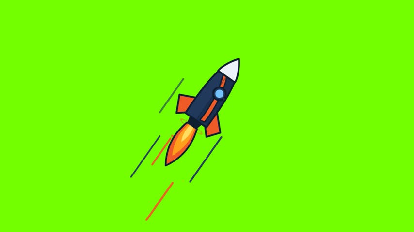 This vibrant animated rocket illustration flies diagonally across the frame against a solid chroma key green background. The stylized vessel features a dark blue body, bright orange wings, and a fiery exhaust plume trailing behind. Sharp lines suggest rapid motion as the craft ascends during this high quality digital graphic loop.