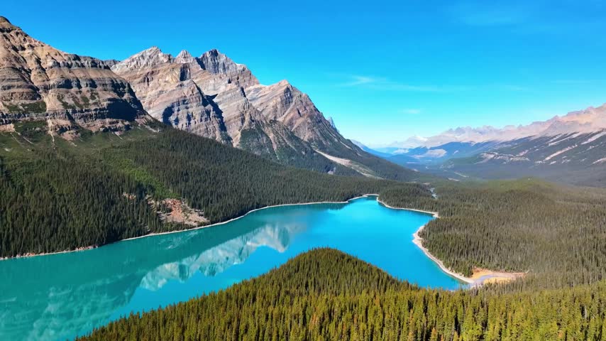 Aerial view of a bright turquoise lake with a mirrored mountain reflection, spruce forest and rocky peaks under a blue sky, Banff National Park, Alberta, Canada