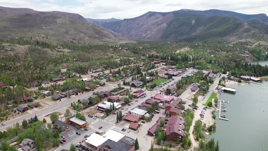 Aerial video of the city of Grand Lake in Colorado. Camera is heading approximately east.