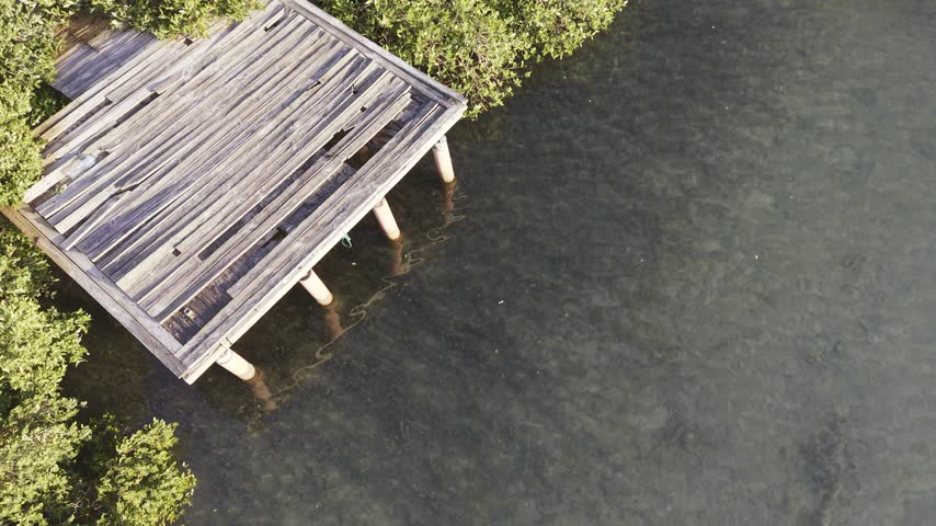 Old wooden pathway leading to a small mangrove bay it’s overtaken by the surrounding mangroves 