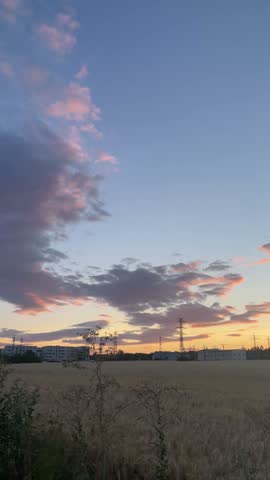 low horizon rural panorama with open grain field and scrub foreground, transmission towers and utility lines crossing midground while shifting clouds glow over sky