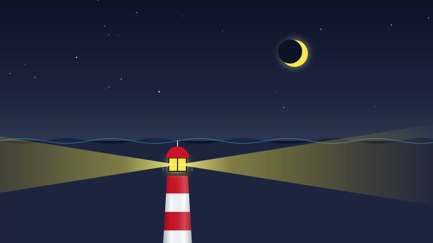 Motion graphic video of a red and white striped lighthouse shining bright directional light beams across calm dark sea under a starry night and.