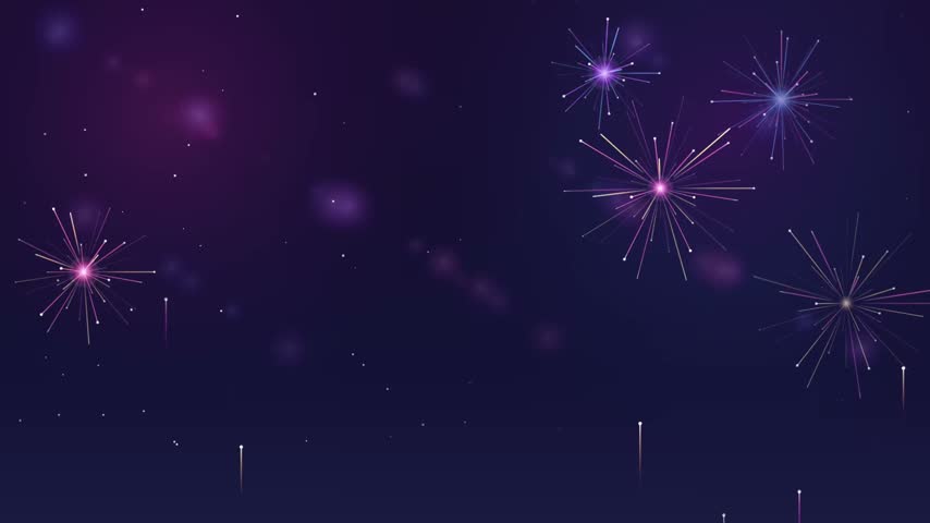 Bright fireworks light up dark night sky, festive celebration, New Year.