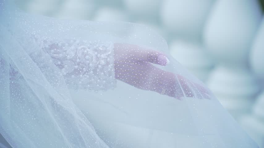 Details of the bride in the wedding dress