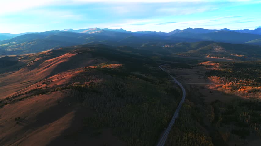 Aerial drone Colorado Trail highway 285 Kenosha Pass Mount Bierstadt fall autumn aspen tree forest sunset Grant Fairplay Jefferson landscape Front Range Rocky Mountains Continental Divide forward down