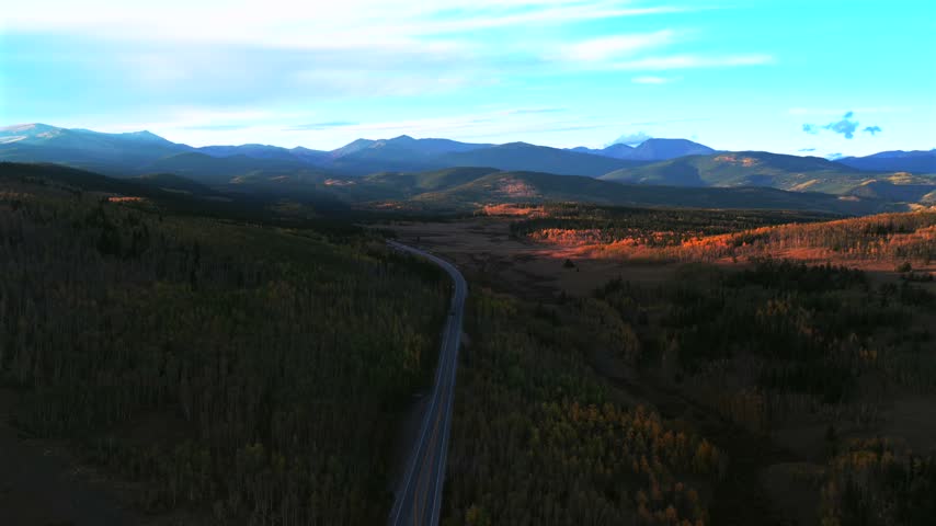 Aerial drone Colorado Trail highway 285 Kenosha Pass Mount Bierstadt fall autumn aspen trees forest sunset Grant Fairplay Jefferson landscape Front Range Rocky Mountains Continental Divide forward