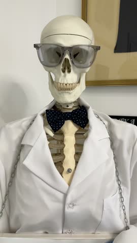  Funny human skeleton model in lab coat, sunglasses, and polka dot bow tie looking at camera in office room. Conceptual science and humor.