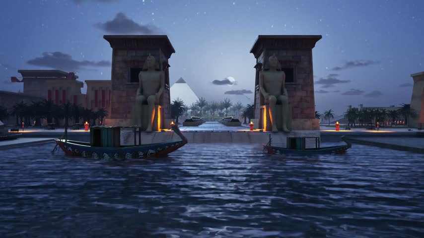 Ancient Egyptian temple entrance gate and bridge with warm glowing lights in the desert at night — Egyptian 3d cgi