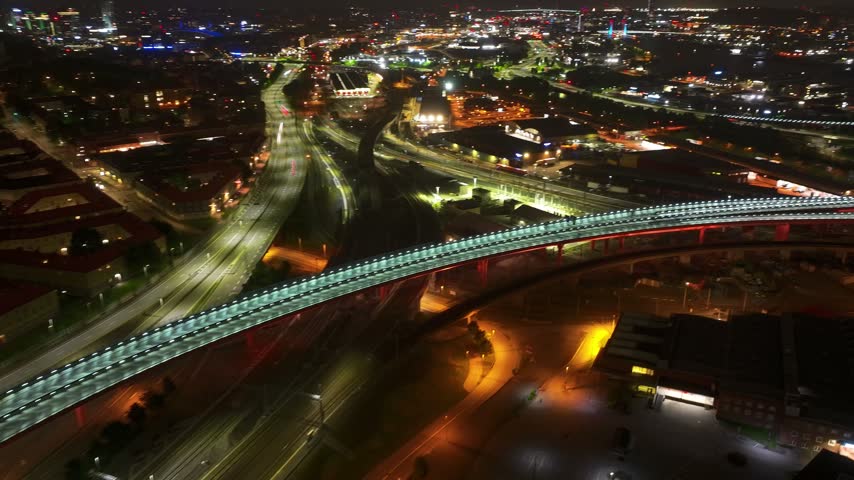 Night Highway Traffic Timelapse with Illuminated Roads in Gothenburg, Sweden, Aerial View