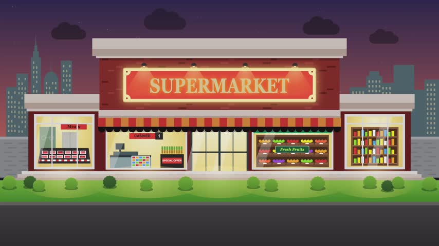 Flat 2D vector animation of a supermarket store facade with day and night time cycle transition representing twenty four seven retail business operations.