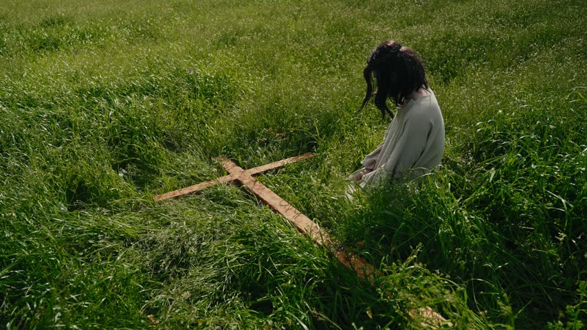 Jesus, in a crown of thorns, kneels in prayer in tall grass with the wooden cross lying beside him, a Passion scene for Easter and Holy Week