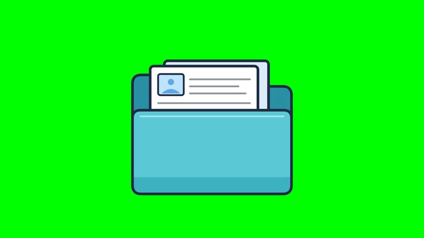 A high quality 2D animation of a blue folder icon with a document sliding in, perfect for digital file management, data storage, and office software projects.