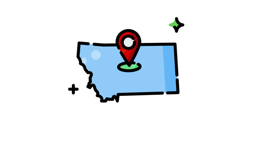 Animated Montana map artwork pairs cartoon location pin and star with curved dashes on white, ideal for travel guides and souvenirs.