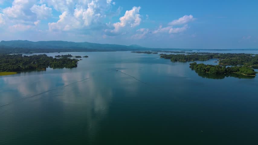 Scenic Landscape of Kaptai Lake with Mountains and Calm Water in Bangladesh 4k