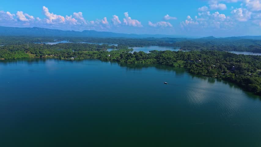 Scenic Landscape of Kaptai Lake with Mountains and Calm Water in Bangladesh 4k