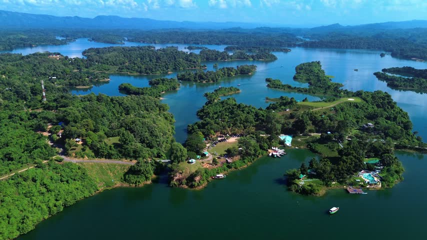 Scenic Landscape of Kaptai Lake with Mountains and Calm Water in Bangladesh 4k