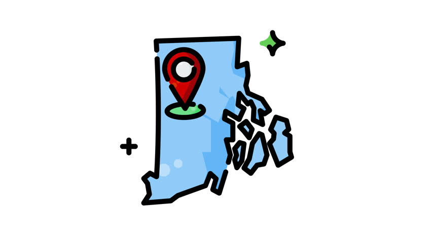 Animated Rhode island map features a red location pin, blue outline, green star, and sparkles, suitable for travel guides and presentations.