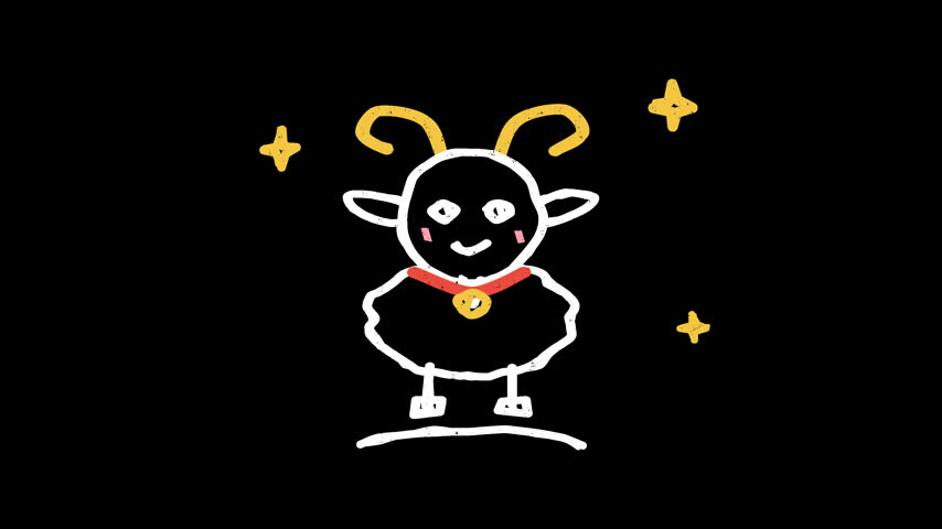 Hand drawn chalk cute chibi goat with curled gold horns, rosy cheeks and a red collar with a bell, hopping happily, cartoon doodle on transparent alpha channel, seamless loop