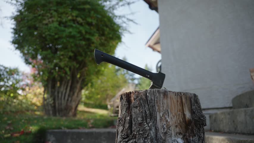 A man pulls a modern steel hatchet out of a tree stump chopping block outside a rural homestead before walking away in subtle slow motion[cite: 5].
