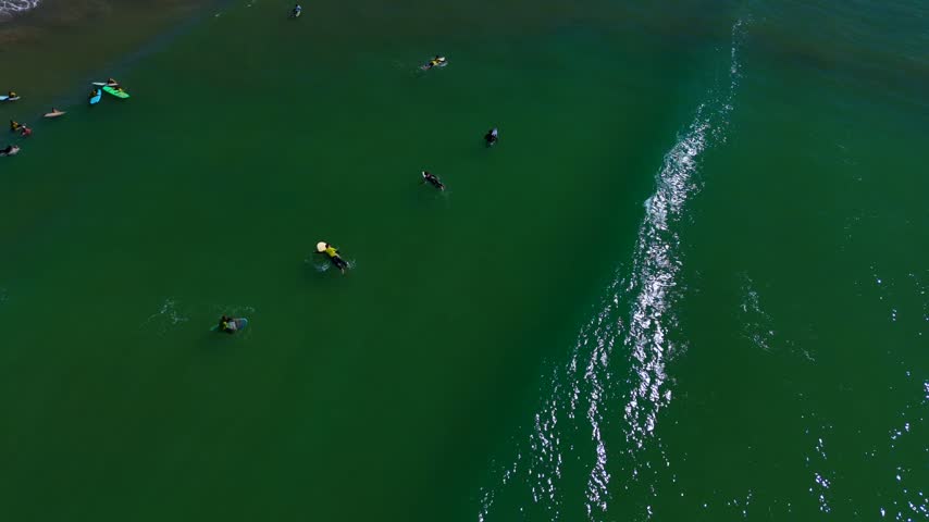 silhouetted surfers riding a green wave 