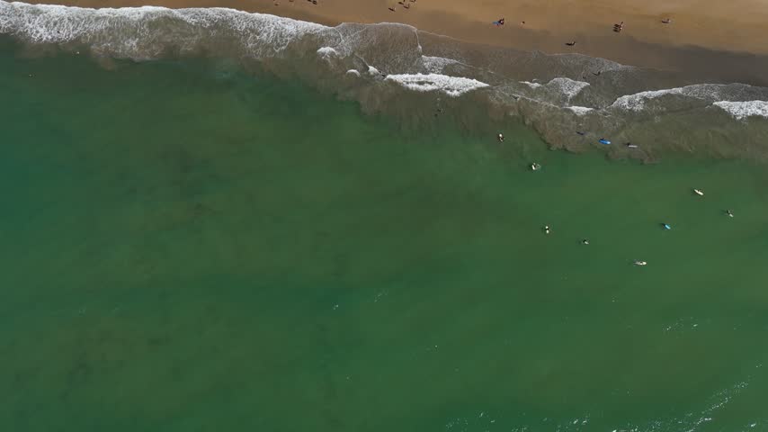 silhouetted surfers riding a green wave 
