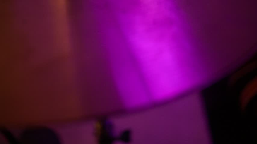 Abstract close up of bronze drum cymbal reflecting vibrant purple and pink studio lighting, showing circular grooves, metallic texture and atmospheric musical instrument details