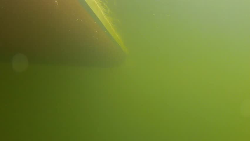 An underwater shot of the hull of a fishing boat as it travels through the ocean