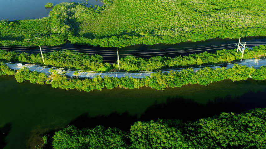 Aerial view Route US 1 Highway crossing marshland Key Largo, Southern Florida, USA