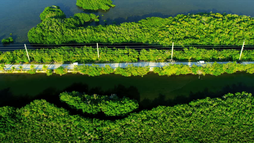 Aerial view Route US 1 Highway crossing marshland Key Largo, Southern Florida, USA